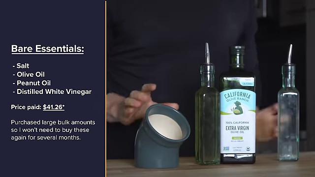 Summary of bare essentials, including salt, olive oil, peanut oil, and distilled white vinegar, with their total cost