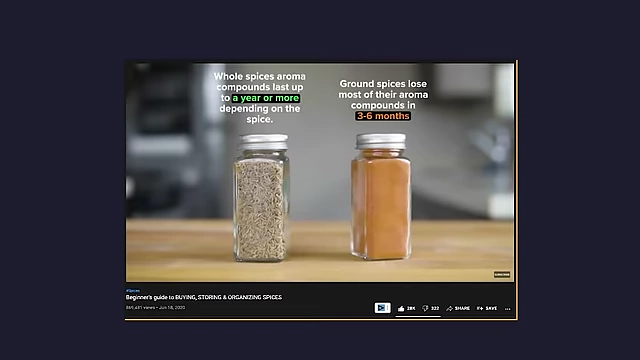 Comparison of whole spices, which last a year or more, and ground spices, which lose aroma in 3-6 months