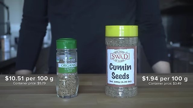 Price comparison for cumin seeds from a major grocery store versus an ethnic store