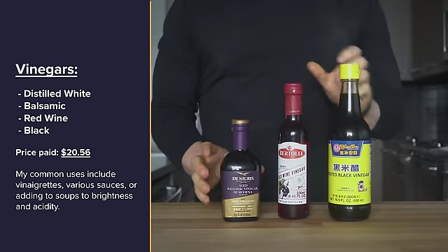 A list of essential vinegars for a pantry, including distilled white, balsamic, red wine, and black, with their total cost