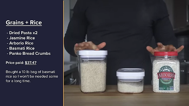 A list of essential grains and rice, including dried pasta, jasmine, arborio, and basmati rice, with their total cost