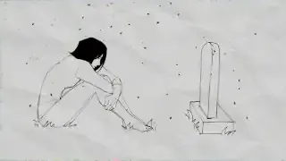 An illustration of a person sitting mournfully beside a gravestone.
