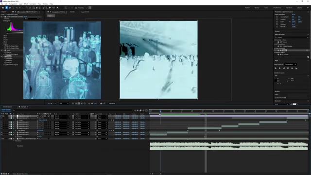 Comparison in After Effects showing the inverted and tri-toned clip alongside the original reference image