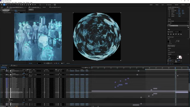 After Effects interface with a polar coordinates warp applied, distorting a crowd shot into a circular, spinning visual