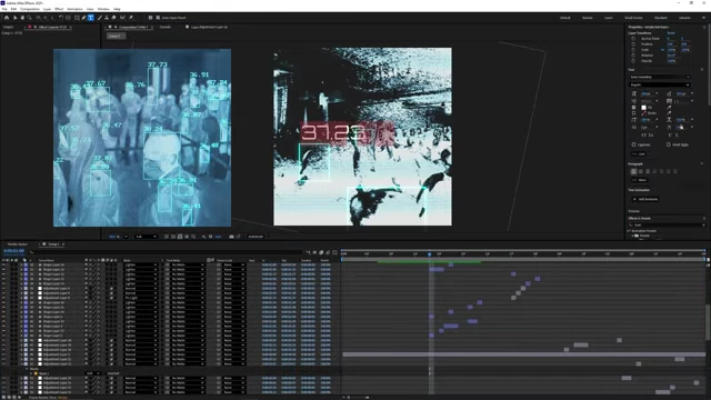 After Effects displaying tracked boxes with numerical overlays added to the clip, mimicking a facial recognition display