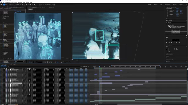 After Effects timeline and effects panel displaying various glitch presets being experimented with on a clip