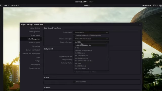 DaVinci Resolve Project Settings showing Color Management for video