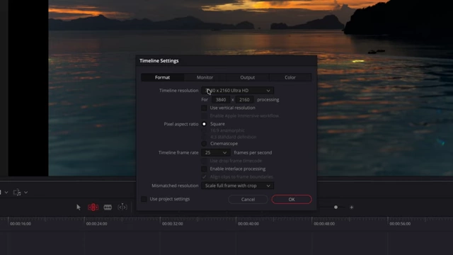 Timeline Settings - Format tab showing custom resolution for landscape photos