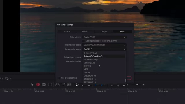 Timeline Settings - Color tab showing sRGB selected as the Output Color Space