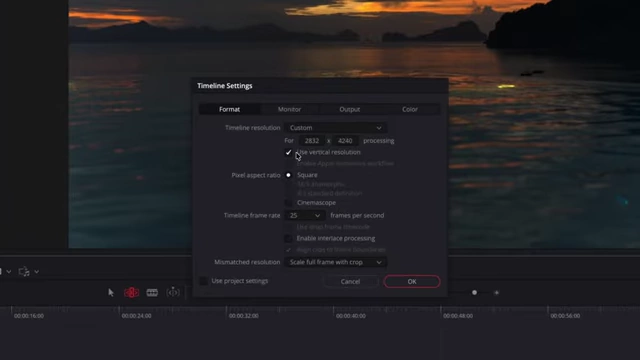 Timeline Settings - Format tab with "Use vertical resolution" checkbox enabled for portrait photos