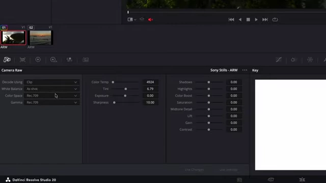 Camera RAW settings showing 'Decode Using Clip' with Color Space S-Gamut3.Cine and Gamma S-Log3 selected