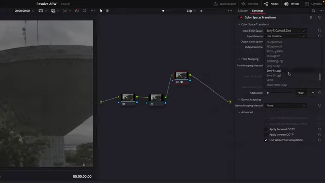Color Space Transform node settings converting S-Log3/S-Gamut3.Cine to Rec.709