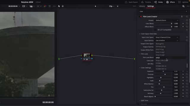 Film Look Creator node settings with input S-Gamut3.Cine/S-Log3 and output Rec.709