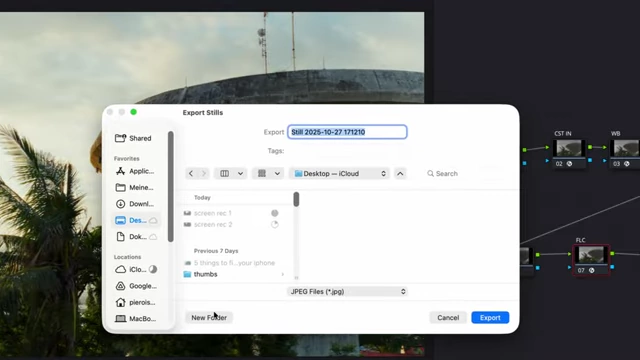 Export Stills dialogue box with JPEG Files (*.jpg) selected as the output format
