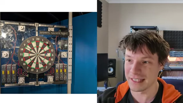 Mark Rober's Automatic Bullseye Robot, detailing its six-motor cable drive system for rapid target movement.