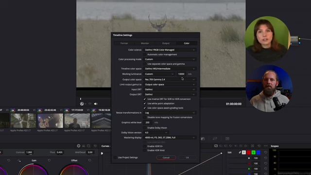 DaVinci Resolve Project Settings for Resolve Color Management (RCM), showing custom mode with DaVinci Wide Gamut Intermediate timeline color space and 10,000 nits working luminance.