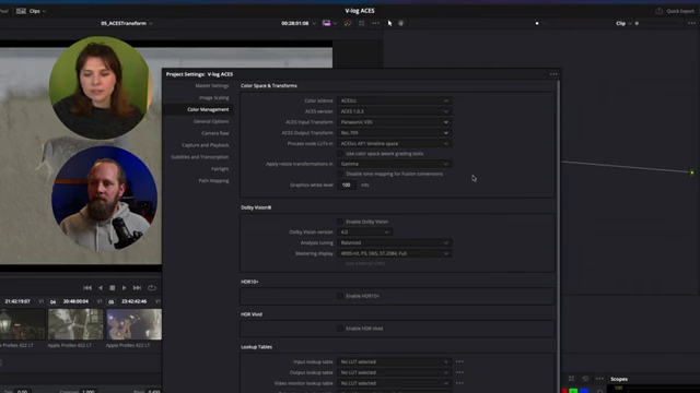 DaVinci Resolve Project Settings for ACES workflow, set to ACEScct color science, Panasonic V35 input transform, and Rec.709 output transform.