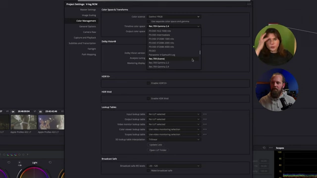 DaVinci Resolve Project Settings for a non-color managed workflow, showing YRGB color science and Rec.709 Gamma 2.4 timeline color space.