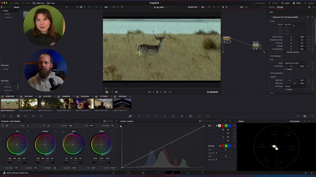 Dehancer plugin applied at the end of the node pipeline in a non-color managed project, set to Rec.709 source.