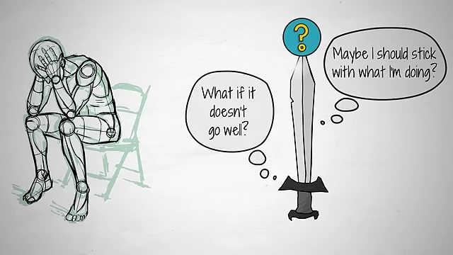 The "double-edged sword" of anxiety, representing the fear of a new venture failing versus the fear of giving up current stability.