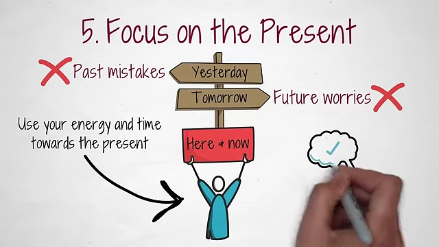 Practicing mindful awareness by focusing on the "here and now," redirecting thoughts from past mistakes or future worries.