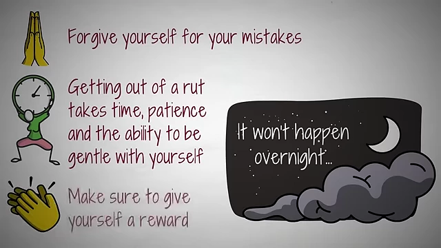 Emphasizing patience, self-compassion, and celebrating small accomplishments when getting out of a rut.