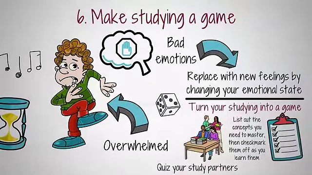 Gamifying studying by quizzing partners, using flashcards with points, or checking off mastered concepts.