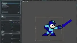A screenshot demonstrating the difference between Sprite2D position and offset. When the position is changed, a projectile spawn marker (blue arrow) moves with Mega Man, indicating that children inherit position changes.
