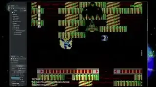 A debug god mode in action, showing Mega Man flying freely around the level, demonstrating faster movement and no gravity.