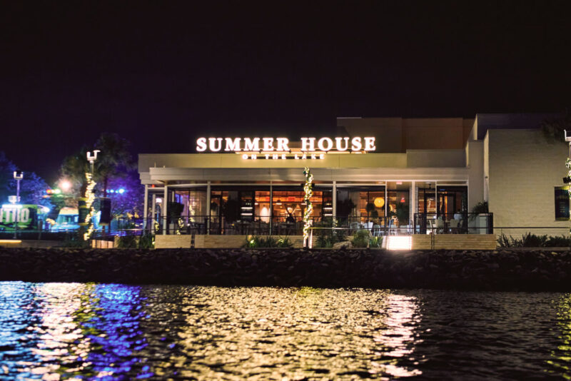 Exterior image of Summer House on the Lake at night.