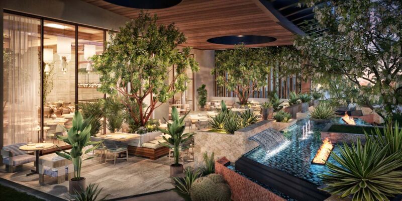 rendering of the terrace for the las vegas location with small trees, a fountain and reflecting pool