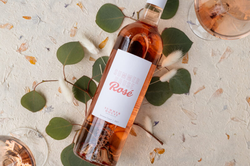 A birds eye view of a bottle of Summer House Rosé for Breast Cancer Awareness Month