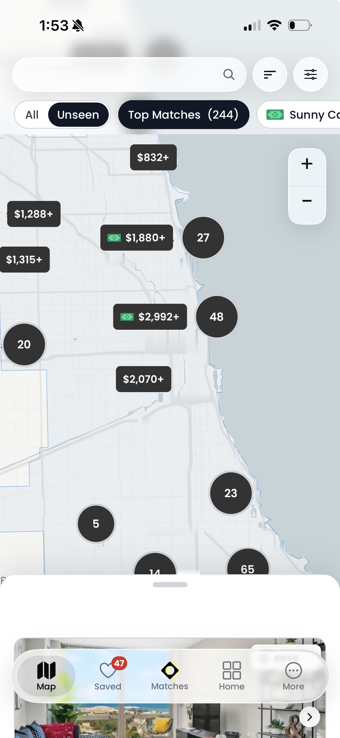 The Sunny app's map view with apartment prices and Cash Back offers