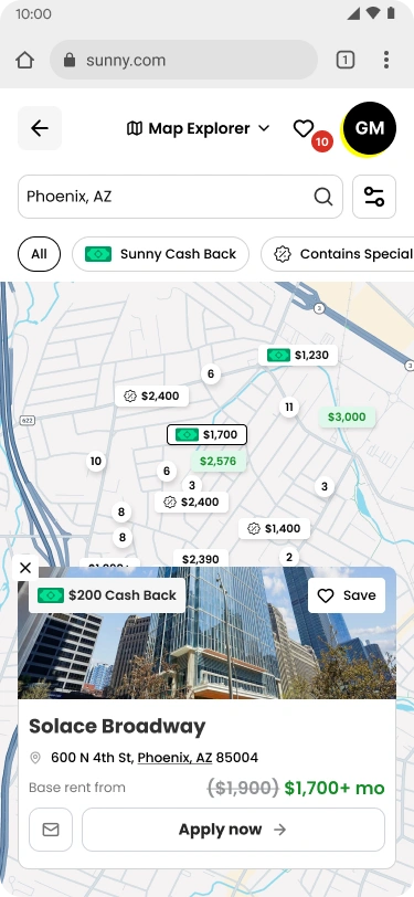 Sunny map explorer showing apartment listings in Phoenix, AZ