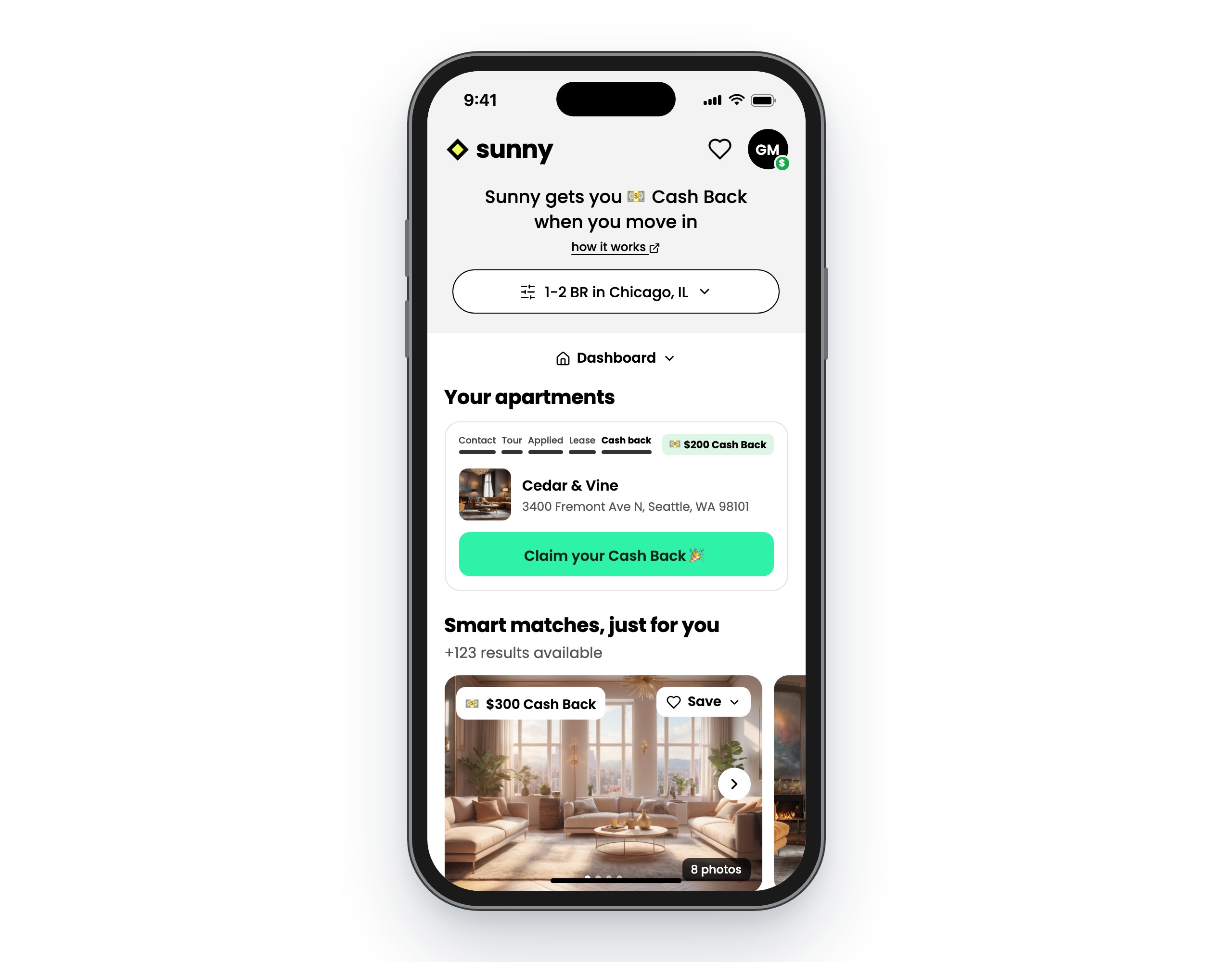 Sunny search results showing apartments with Cash Back