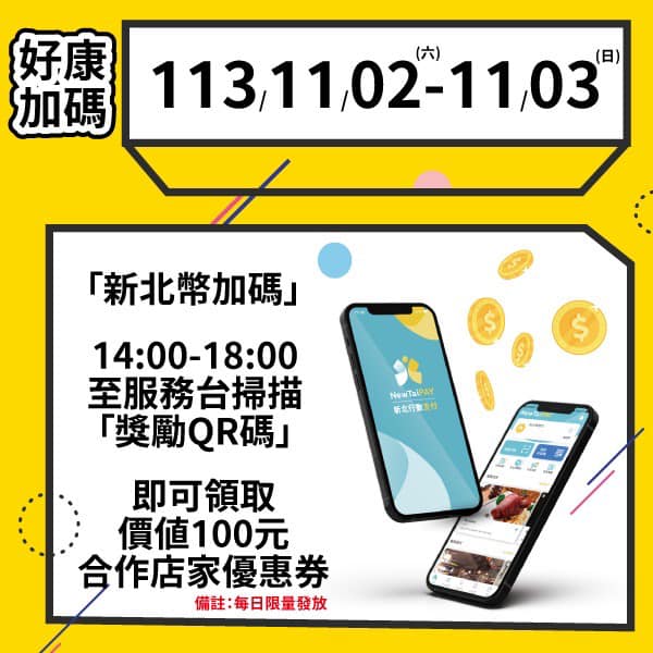 另在11月2、3日下午2時至6時到服務台掃描獎勵QR碼，再送價值100元新北幣合作店家優惠券，每日數量有限，送完為止