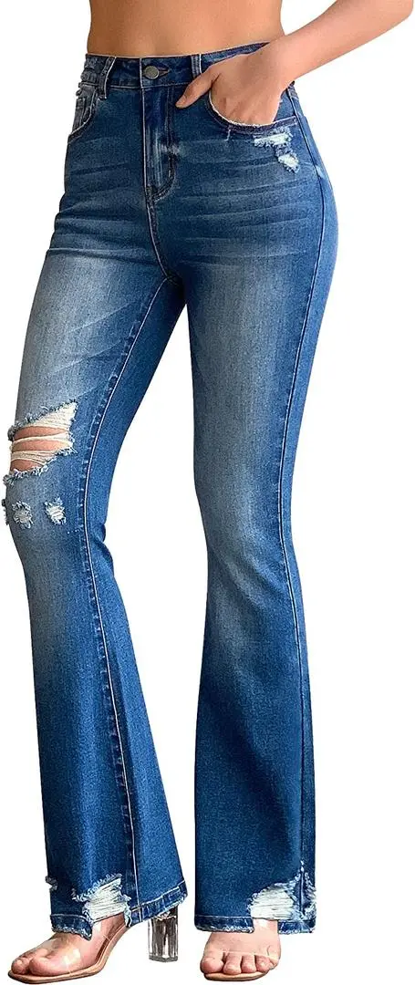 Women’s High Waisted Stretch Jeans Distressed Bell Bottom Denim Pants