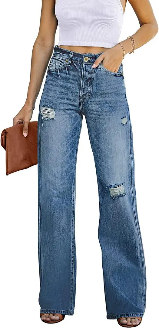  Women's High Waist Relaxed Fit Ripped Jeans Stretchy Flare Jeans Denim Pants