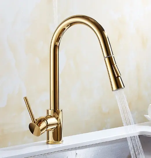 Keran Air Single Handle Pull Out Bahan Chrome / Gold / Nikel Warna Silver Untuk Dapur