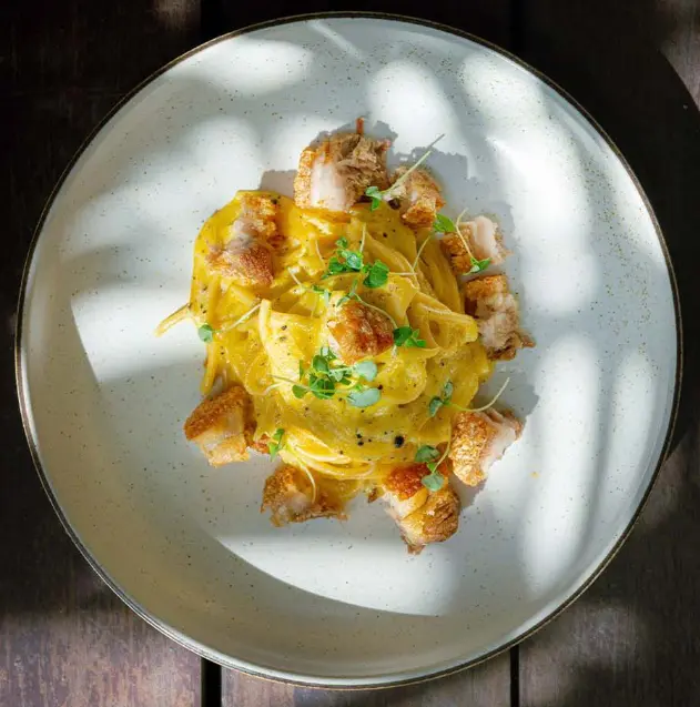 Spaghetti Truffle Crispy Pork Belly Carbonara