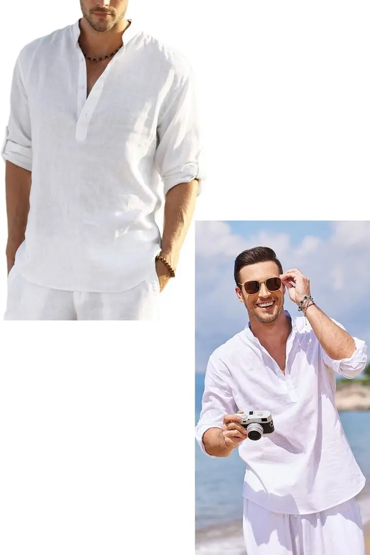 Men's Cotton Linen Henley Shirt 