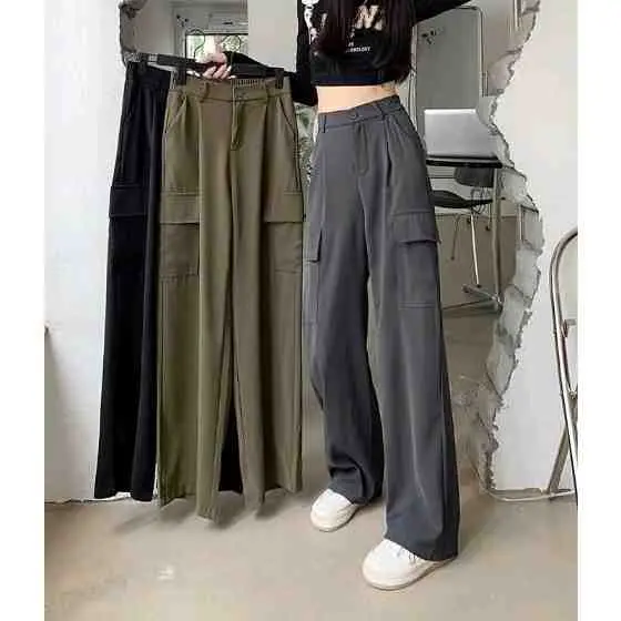 14. Celana Premium Cargo Pants Wanita Highwaist Casual Kekinian Korean Style Celana Panjang Kulot Hitam