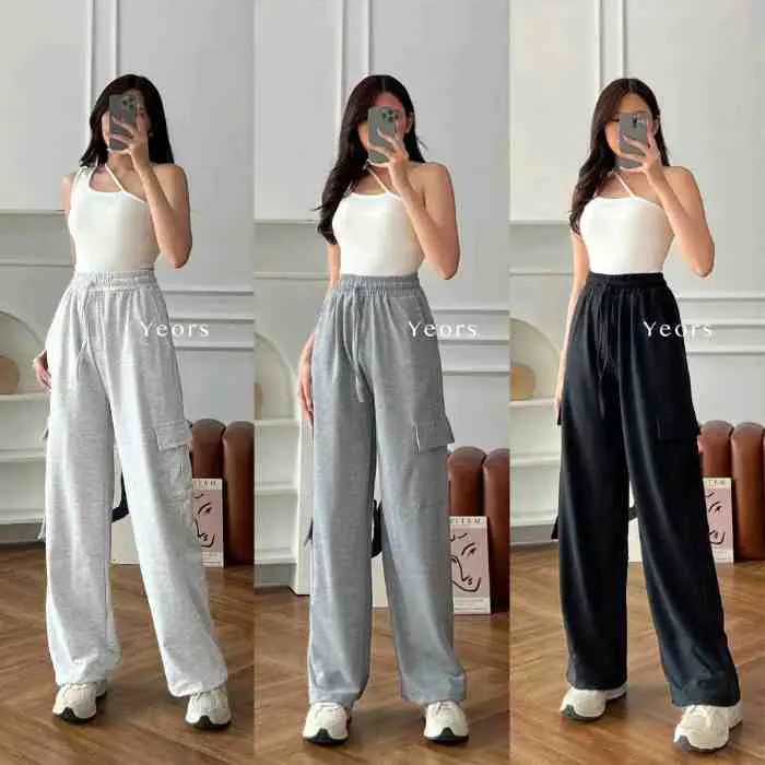 15. YEORS - Bailey Cargo Pants - Wide Leg Highwaist Baby Terry Cargo Pants - Celana Kargo Kulot Murah Ba