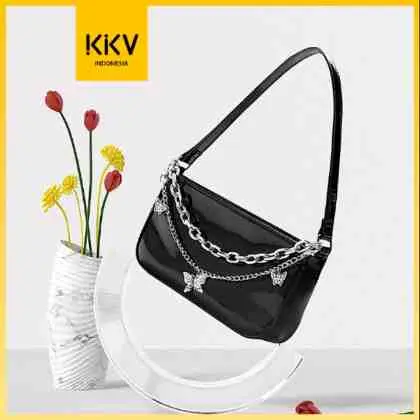 23. KKV - Dunns  Tas Bahu Wanita Kulit Hitam Glossy Black Leather Shoulder Bag Butterfly Chain