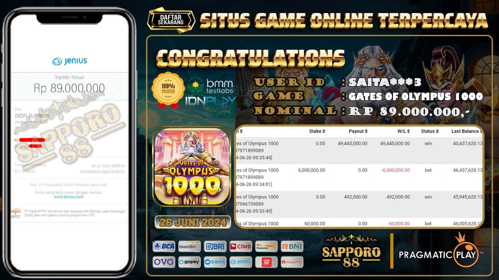 Kemenangan Besar Gates Of Olympus 1000