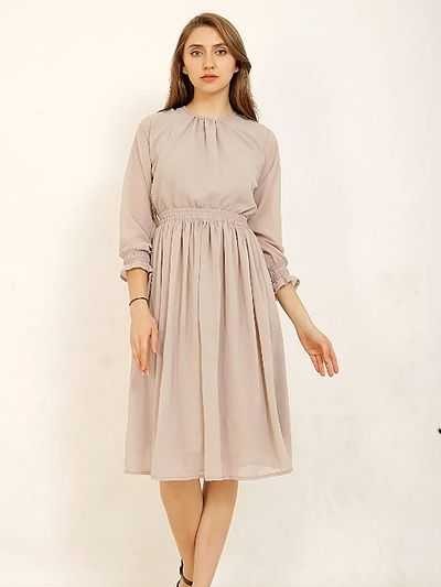 Womens Solid Round Neck A-Line Short Stylish Grey Dresses