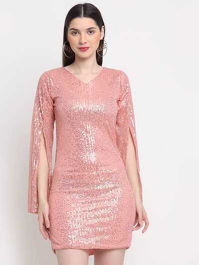 Stylish Light Pink Lycra Blend Embellished Bodycon Dress For Women