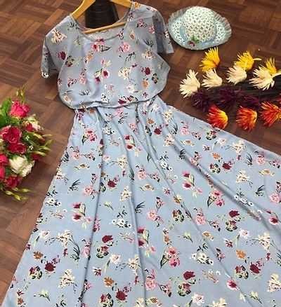 Stylish Crepe Grey Floral Print Round Neck Dress For Women