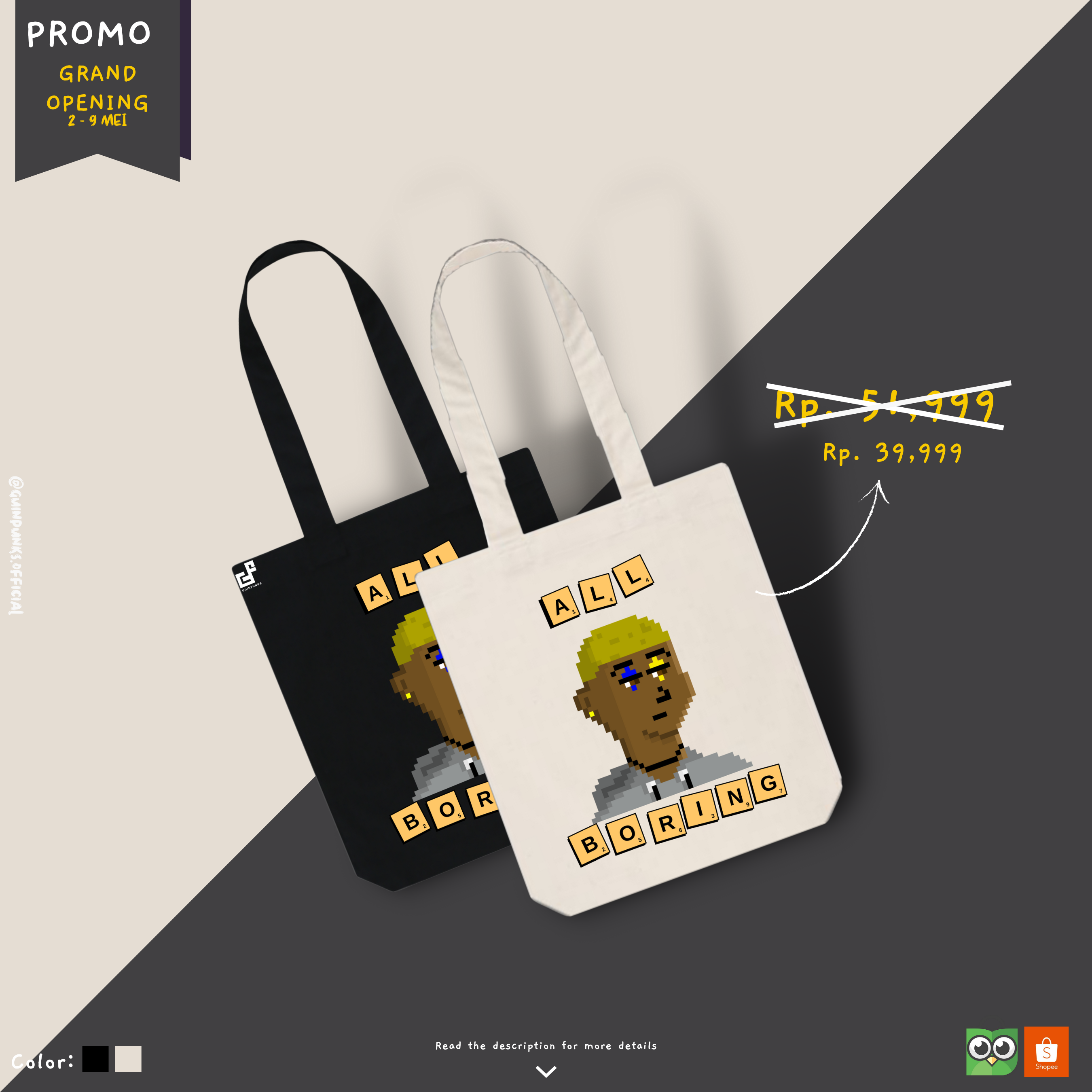 Tote bag keren cocok untuk berpergian dengan santai 😍, bisa digunakan oleh laki-laki dan perempuan.  - Model : Boring tote bag - Bahan : Canvas - Tambahan : Resleting - Warna : Hitam dan Abu-abu - Ukuran : 36cm(p) x 27cm(l) - Handle : 50cm