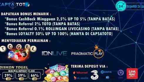 DAPATKAN BONUS MENARIK:*Bonus CashBack Mingguan 2,5% UP TO 5% (TANPA BATAS)*Bonus Referral 2% TOTO (TANPA BATAS) *Bonus Referral 0.1% ROLLINGAN LIVECASINO (TANPA BATAS)*Bonus LOYALTY 50% UP TO 100% (HANYA DI CAPSATOTO)